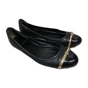 Tory Burch Pacey Black Leather Cap Toe Logo Ballerina Flats Women’s Size 8 READ